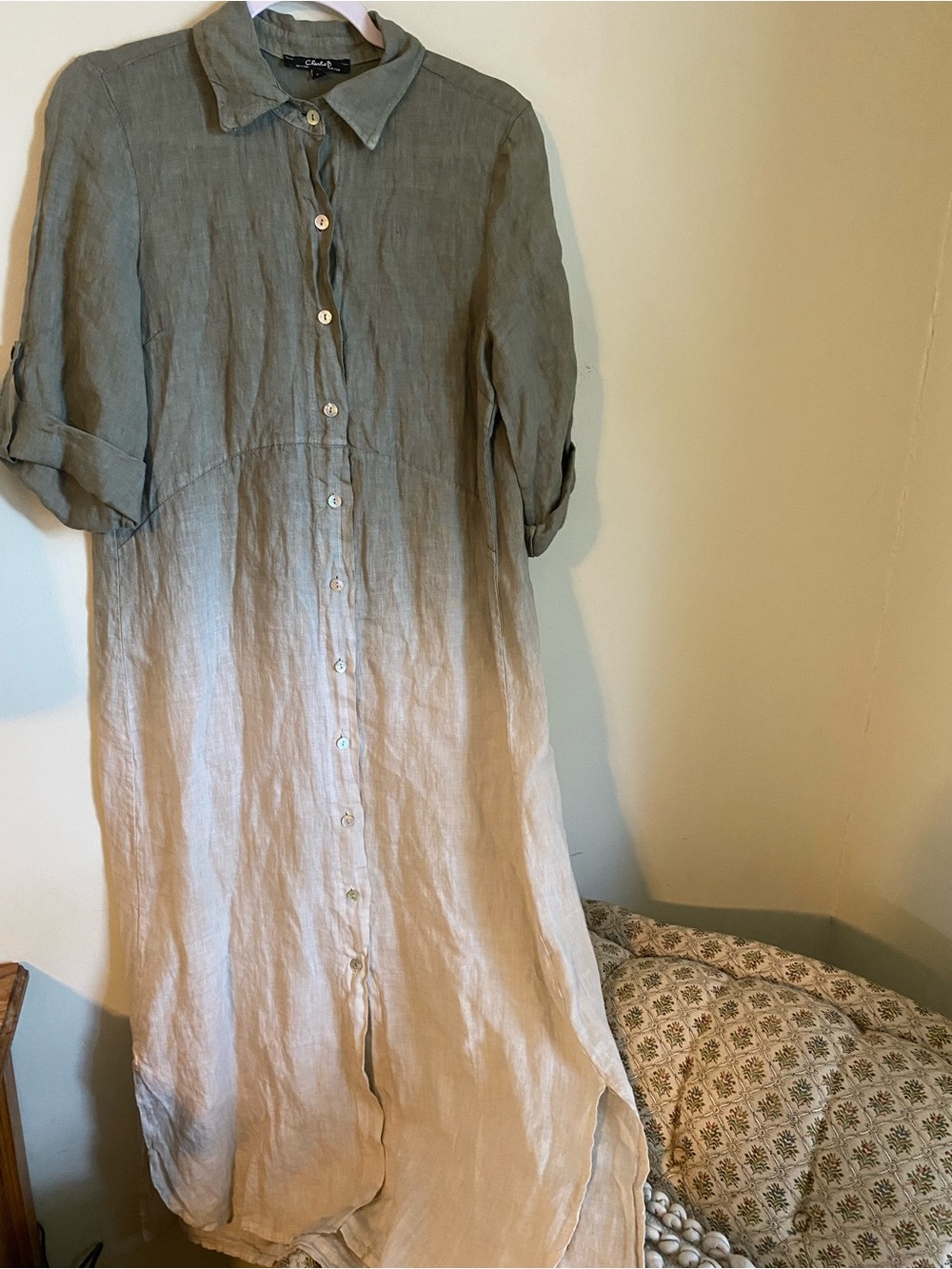 Italian Linen Button-Down Maxi Sage-to-Ivory Collared Dress by CHARLIE B